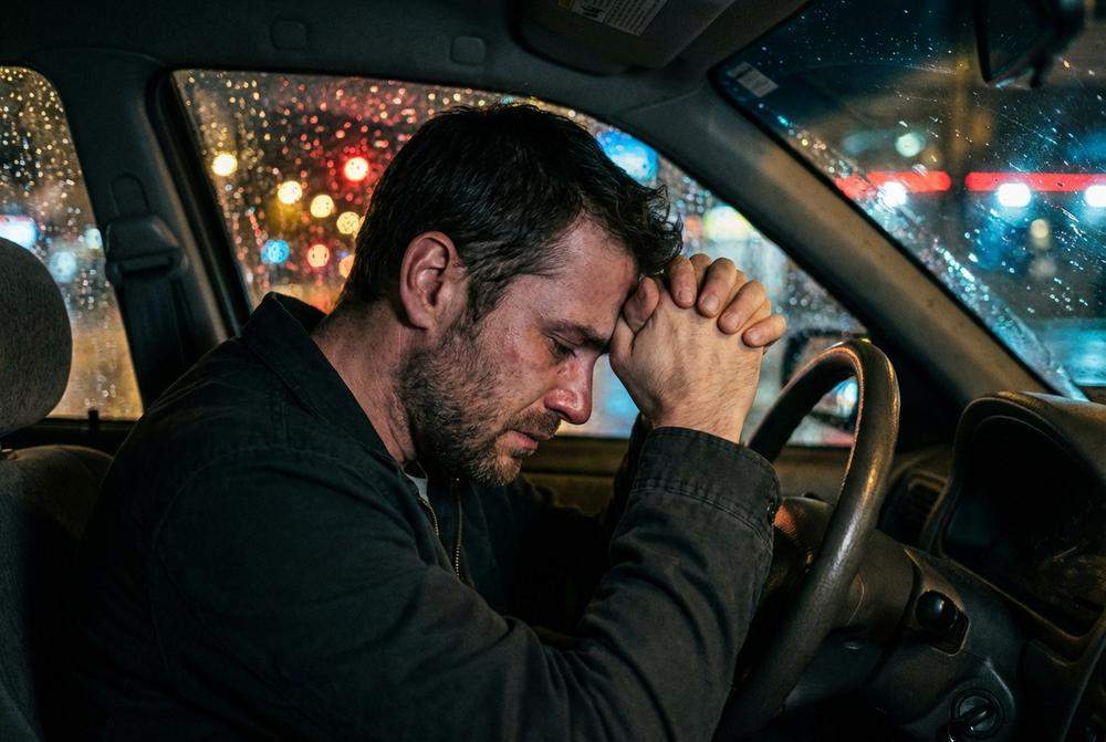 Mężczyzna z wyrzutami sumienia w samochodzie nocą