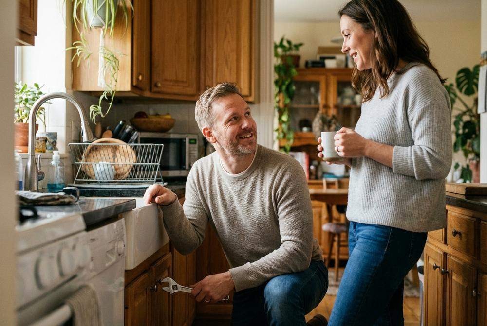 Dojrzały mężczyzna naprawiający usterkę w domu patrzący z miłością na partnerkę