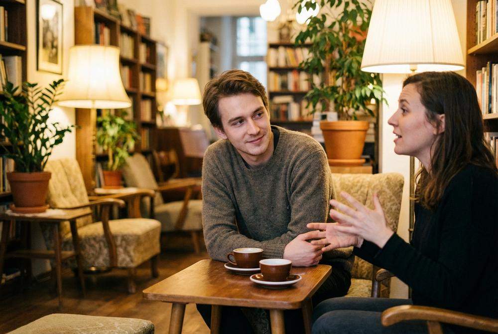 zakochany introwertyk słuchający partnerki w kawiarni