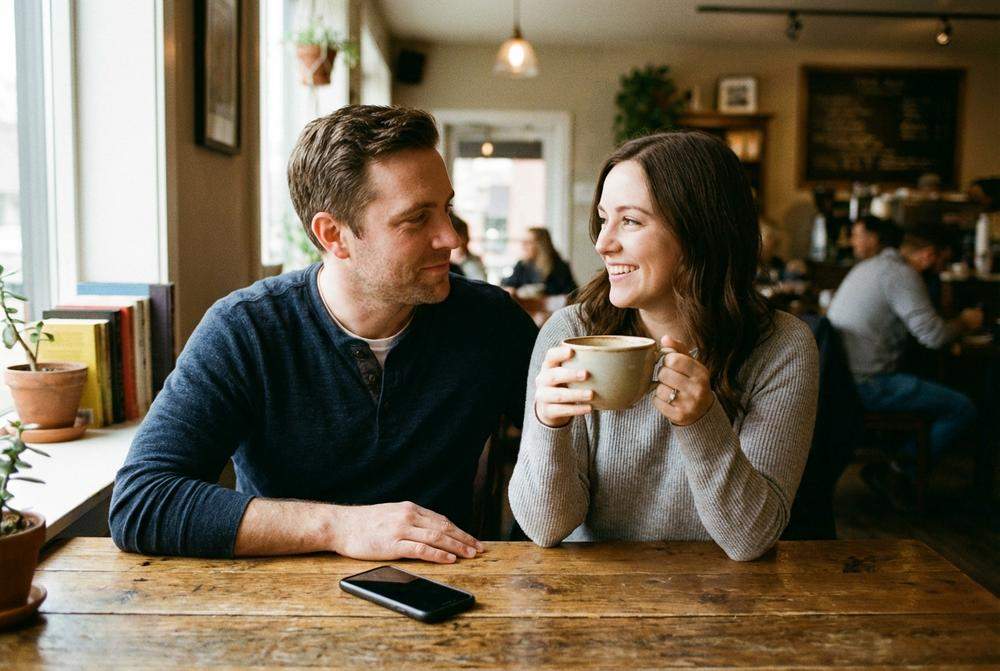 Mężczyzna patrzący z miłością na kobietę w kawiarni