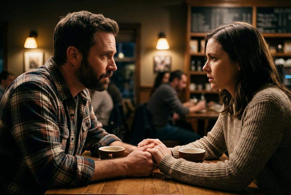 Para w kawiarni trzymająca się za ręce głęboka rozmowa