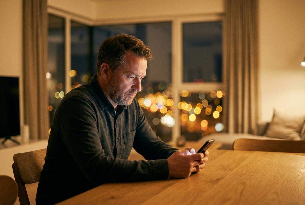 zamyślony mężczyzna patrzy na telefon zastanawiając się nad związkiem