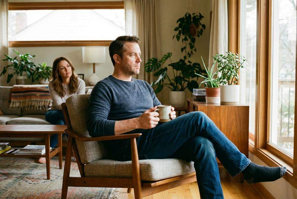 zamyślony mężczyzna i zatroskana kobieta w salonie problemy z komunikacją