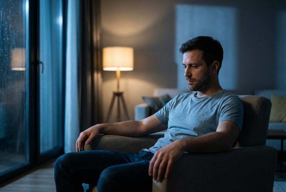 zamyślony mężczyzna siedzący samotnie po kłótni