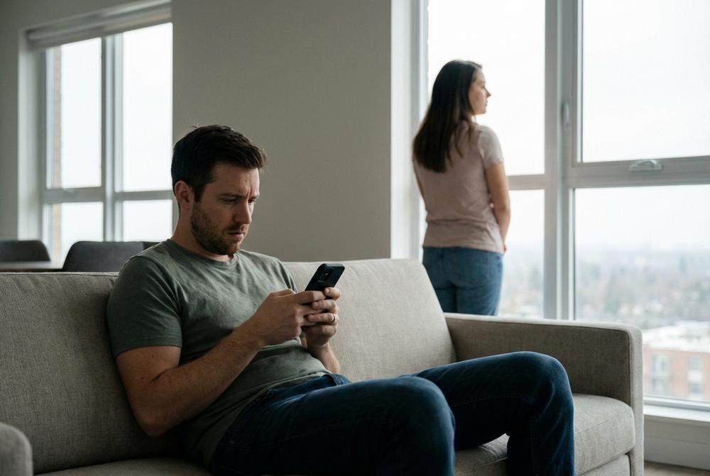 Mężczyzna z telefonem podejrzewający zdradę i smutna kobieta