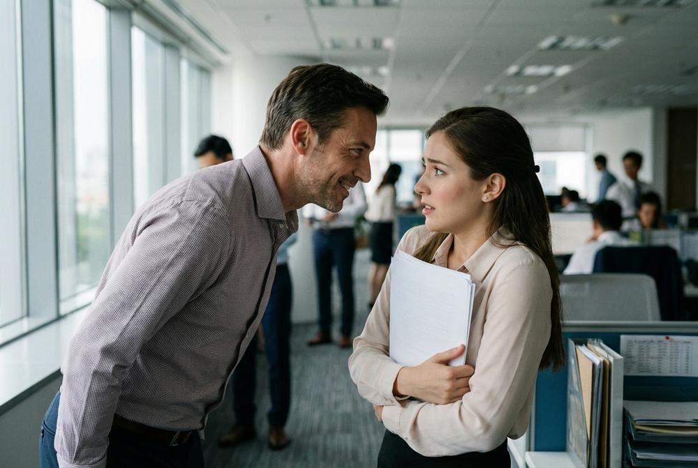 Mowa ciała żonatego faceta w pracy podczas rozmowy