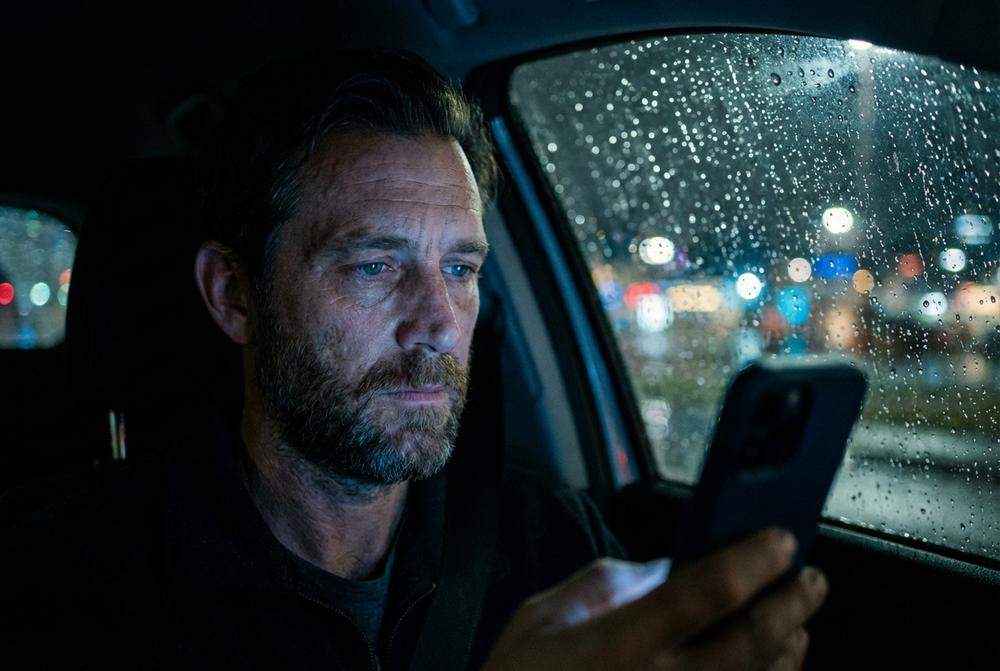 zamyślony żonaty mężczyzna w samochodzie patrzący na telefon