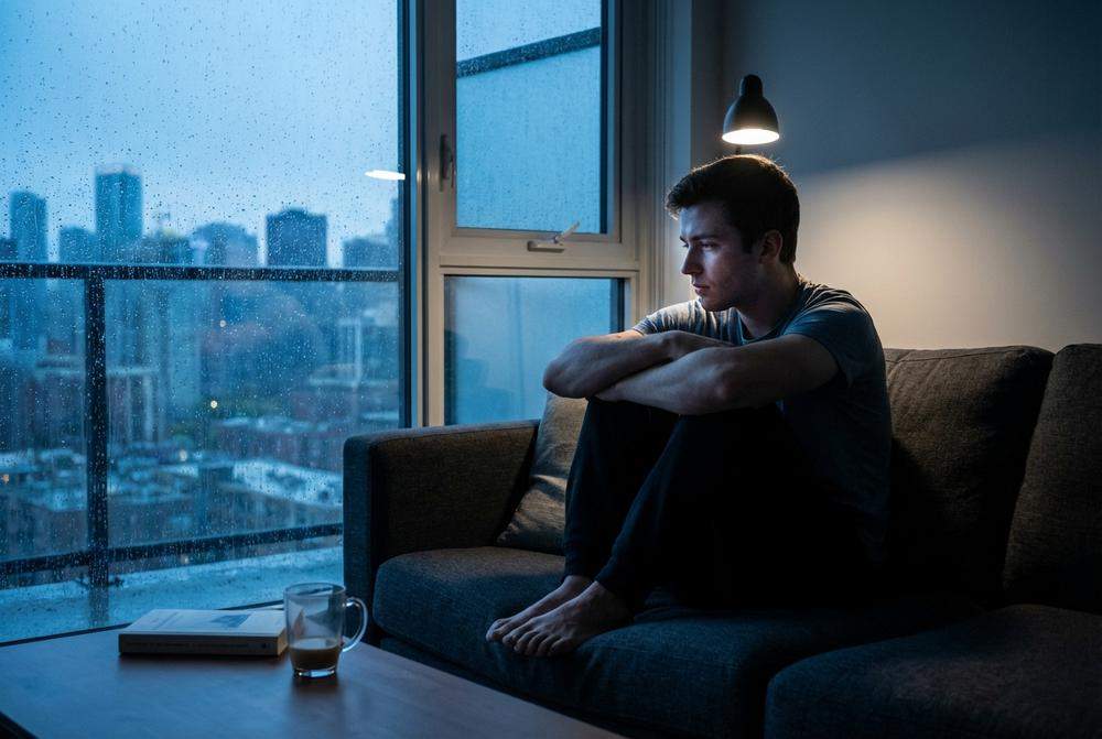 smutny mężczyzna siedzący samotnie na kanapie wieczorem