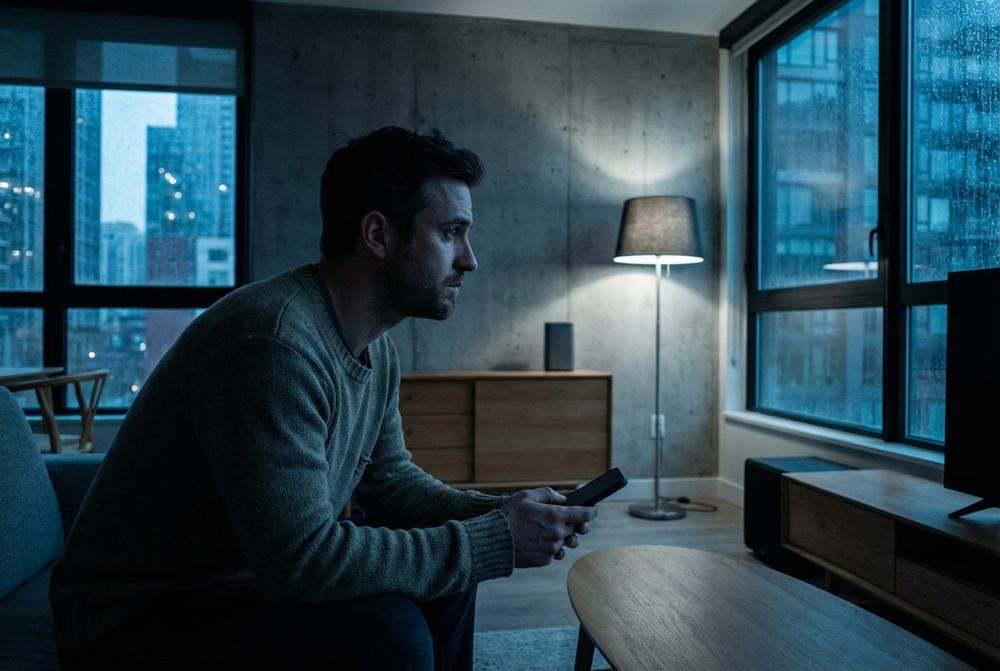 zamyślony mężczyzna po rozstaniu siedzi samotnie w domu