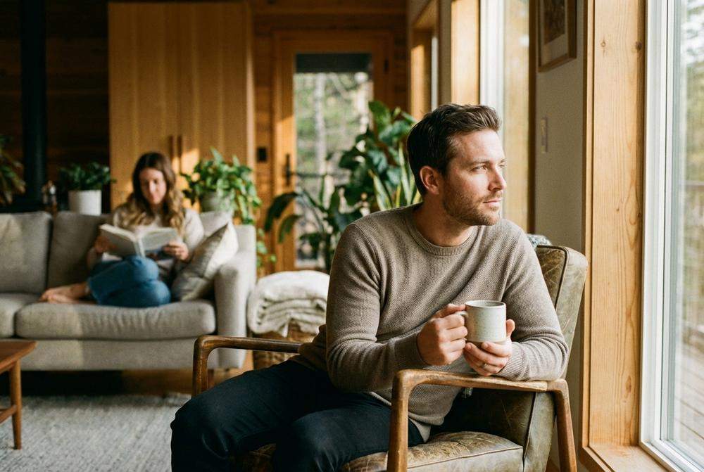 zamyślony mężczyzna odpoczywający w domu męska jaskinia