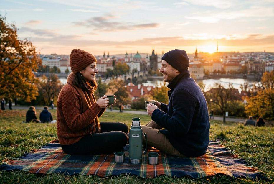 Para na pikniku w parku pije gorącą herbatę