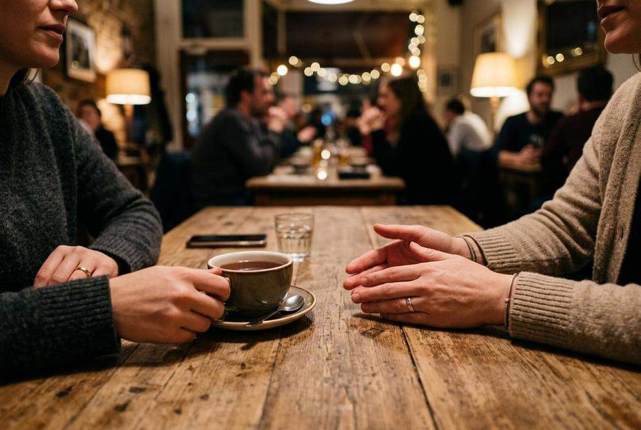 Szczera rozmowa w kawiarni i gesty dłoni na stole