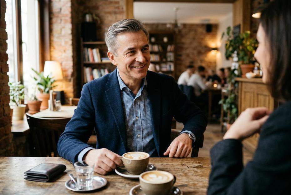 Dojrzały mężczyzna uśmiecha się podczas randki w kawiarni