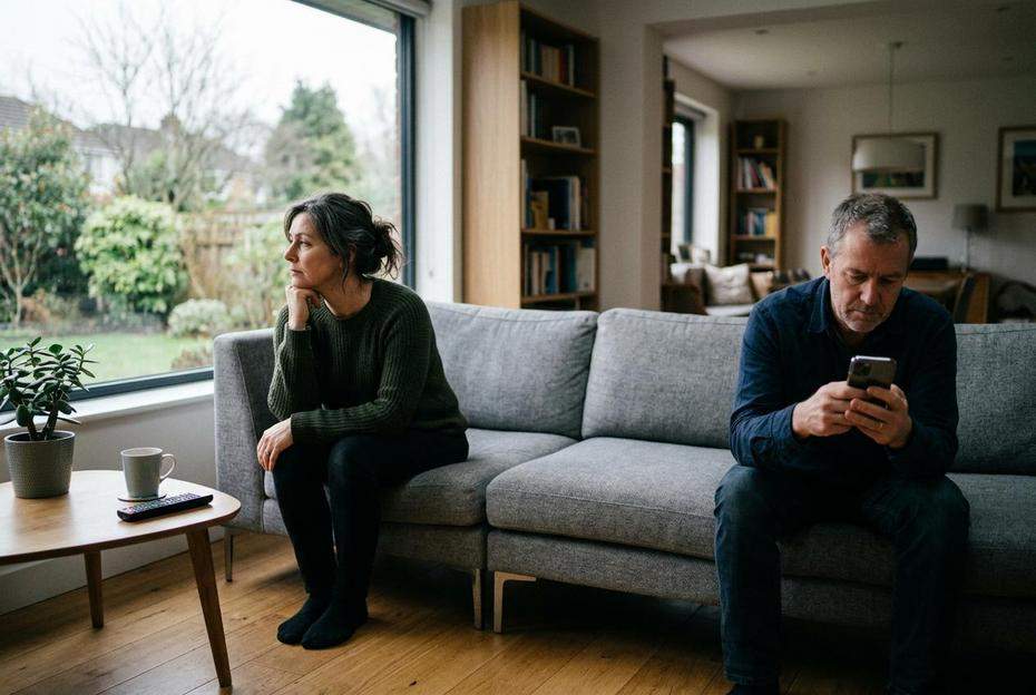 Para siedząca osobno na kanapie ignorująca się nawzajem