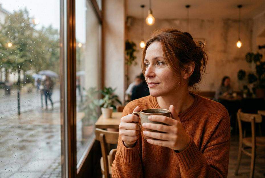 Zamyślona kobieta pijąca herbatę i analizująca swoje uczucia w kawiarni