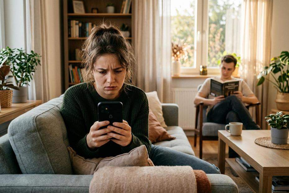 Zmartwiona kobieta analizująca wiadomości od partnera na telefonie