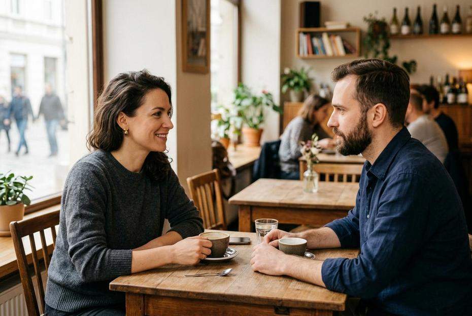 Para asertywnie rozmawiająca przy kawie