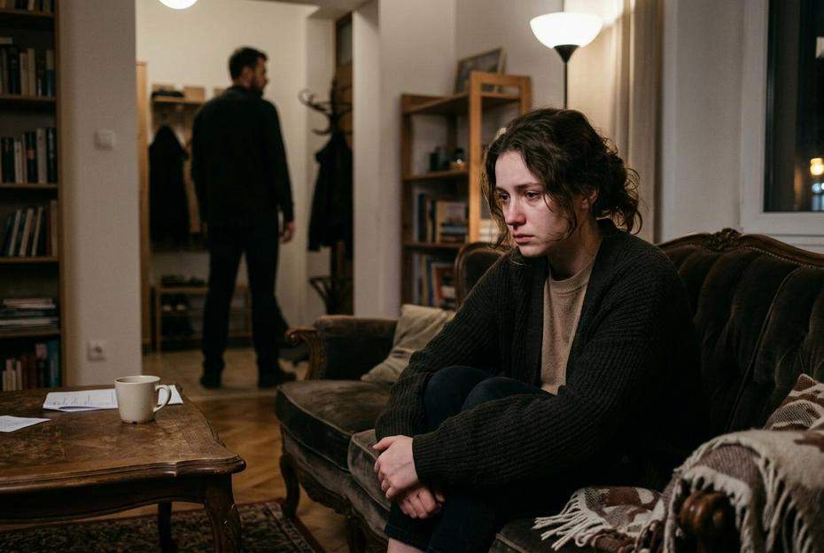 Zasmucona kobieta na kanapie w salonie