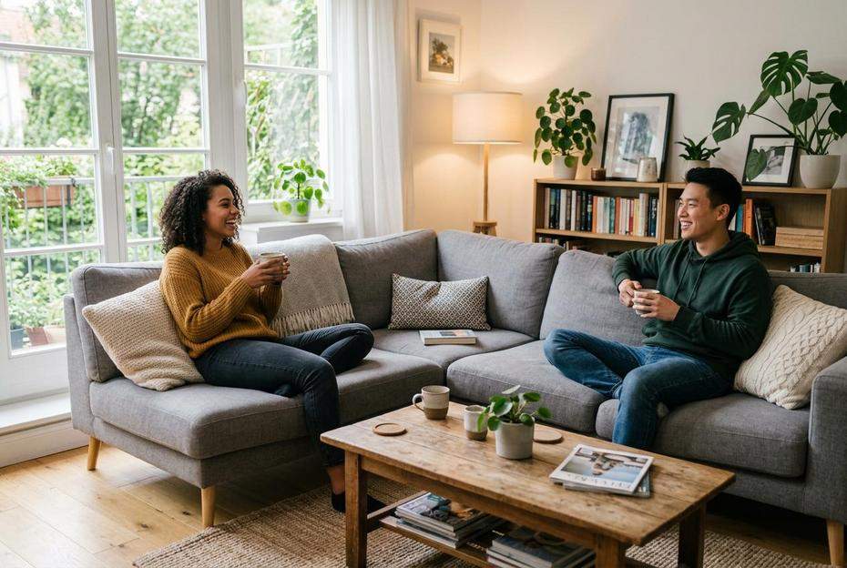 Kobieta i mężczyzna rozmawiają na kanapie z zachowanym dystansem