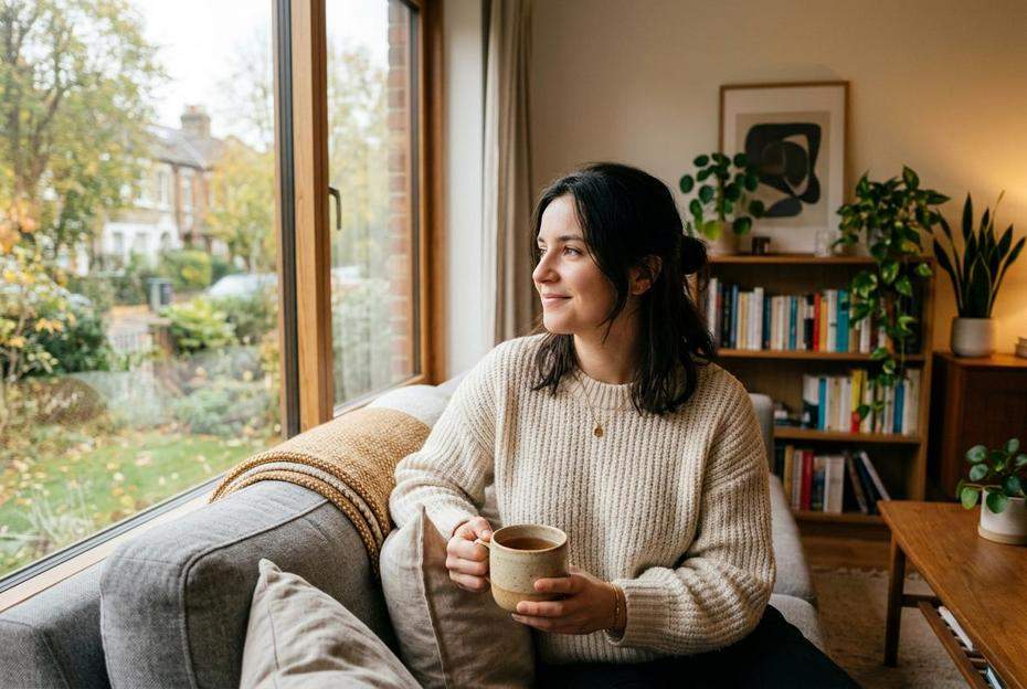 Kobieta pijąca herbatę odzyskująca spokój po rozstaniu