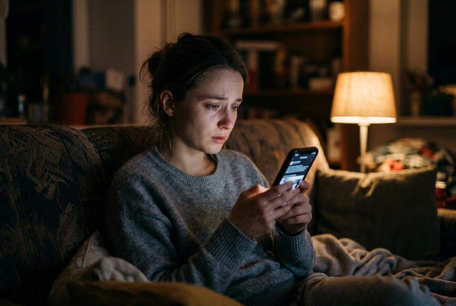 Kobieta ze smutkiem wpatrująca się w ekran telefonu