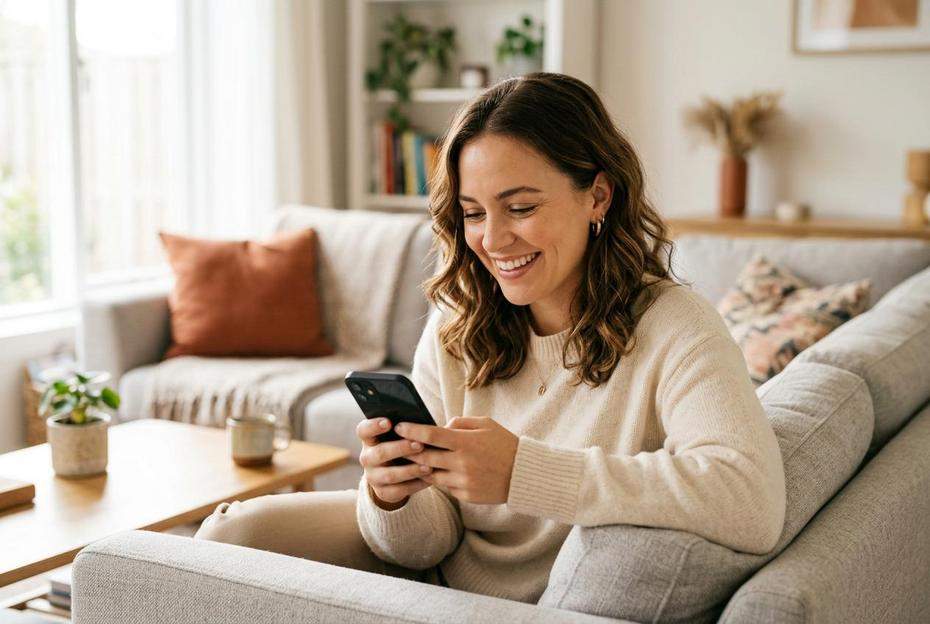 Uśmiechnięta kobieta pisząca wiadomość na telefonie