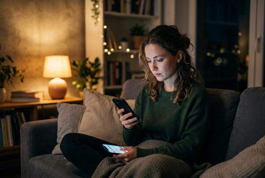 Kobieta smutno patrzaca w ekran smartfona