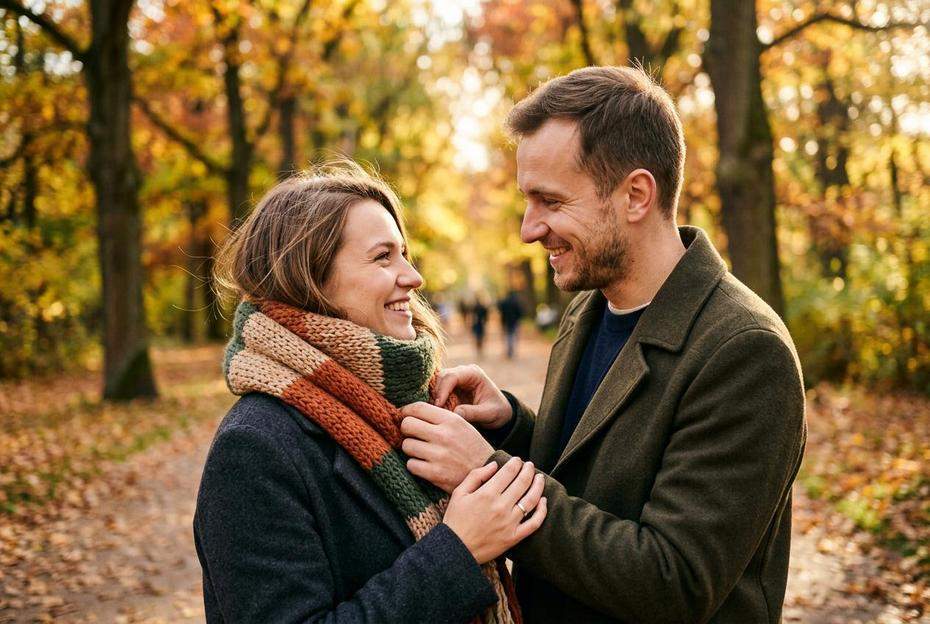 Mężczyzna z czułością poprawiający szalik partnerce podczas spaceru