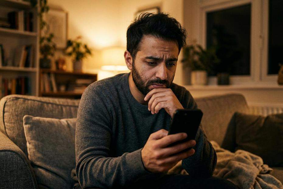 Zamyślony mężczyzna patrzy w telefon unikając konfrontacji