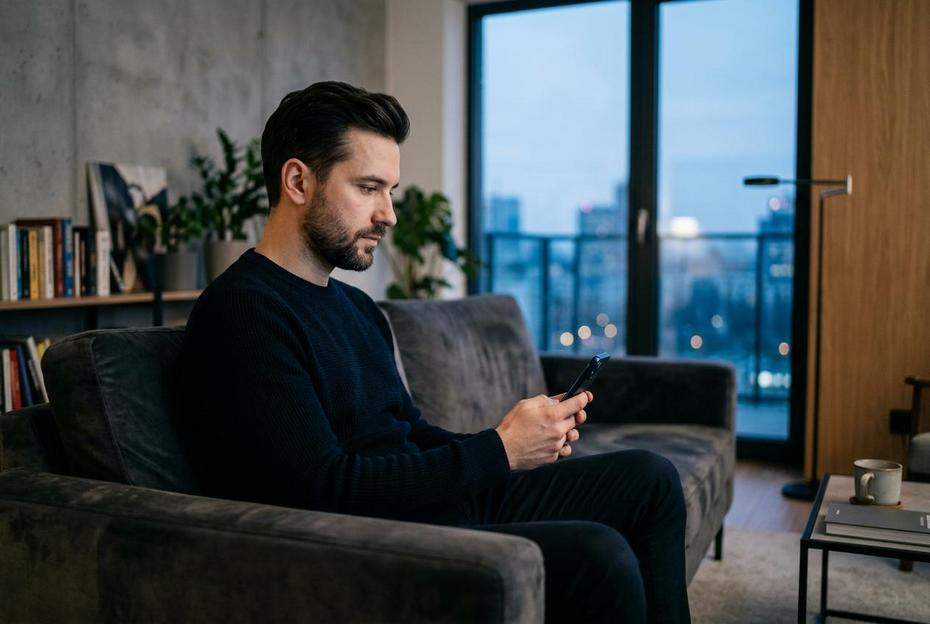 Zamyślony mężczyzna na kanapie z telefonem