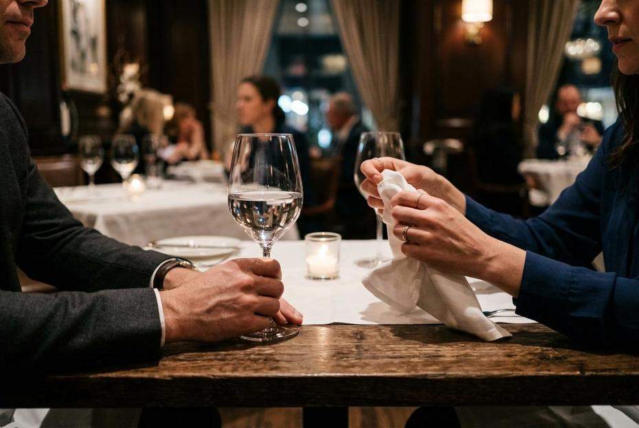 Nerwowe gesty podczas spotkania w restauracji