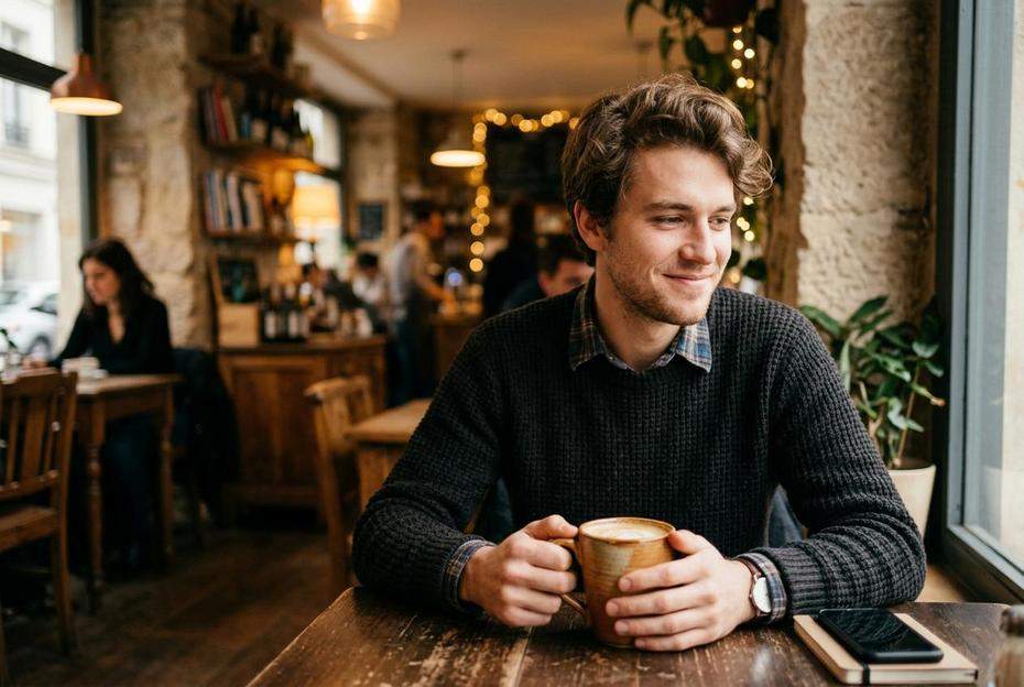 Nieśmiały mężczyzna spoglądający ukradkiem w kawiarni