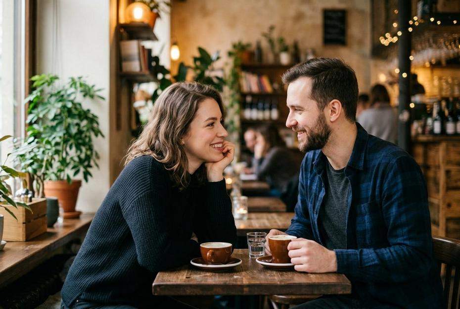 Kobieta i mężczyzna flirtujący przy kawie