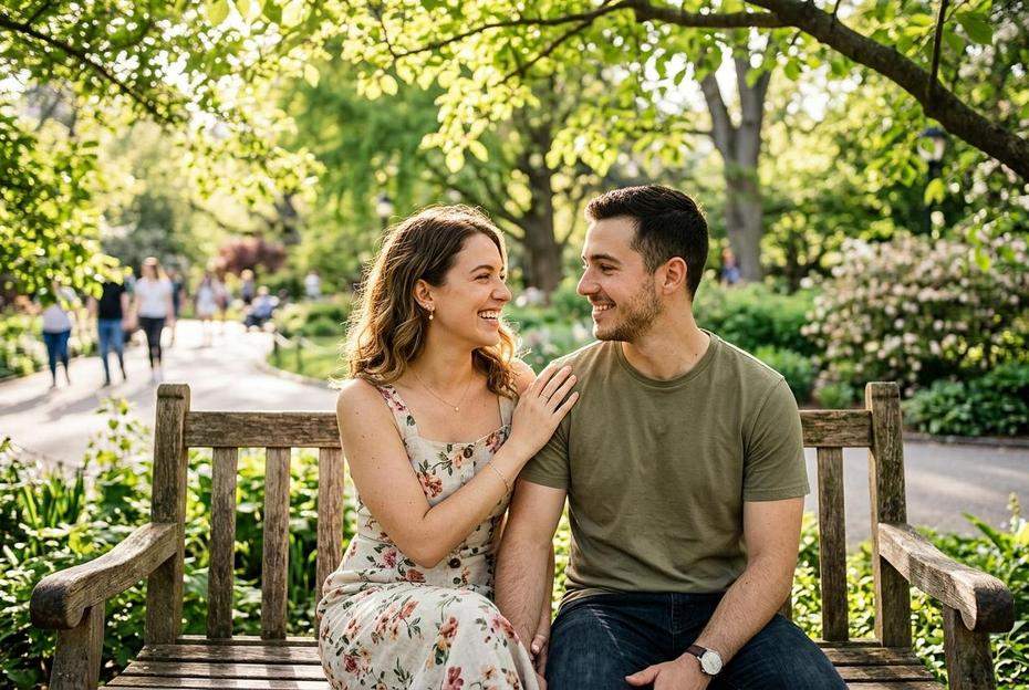 Kobieta uśmiechająca się i dotykająca ramienia mężczyzny na ławce