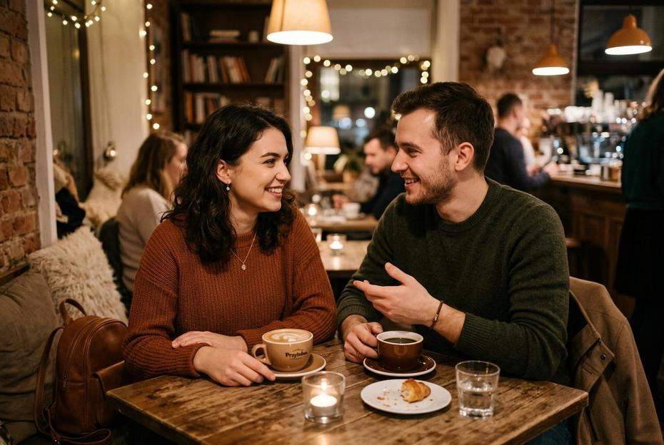 Para rozmawiająca na randce w przytulnej kawiarni