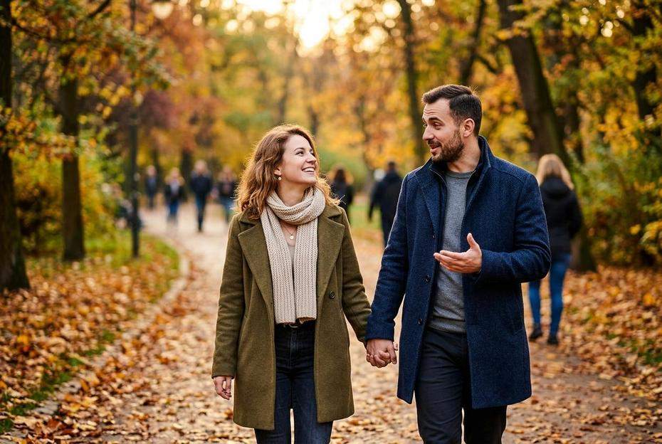 Uśmiechnięta para rozmawiająca podczas jesiennego spaceru