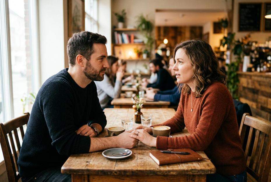 Trzymająca się za dłonie para podczas szczerej rozmowy