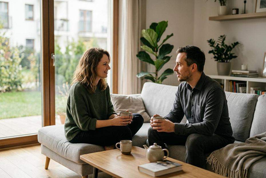 Para szczerze rozmawiająca o zasadach relacji na kanapie w salonie