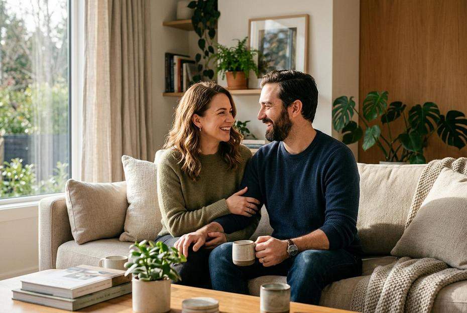 Para rozmawiająca na kanapie i patrząca sobie w oczy