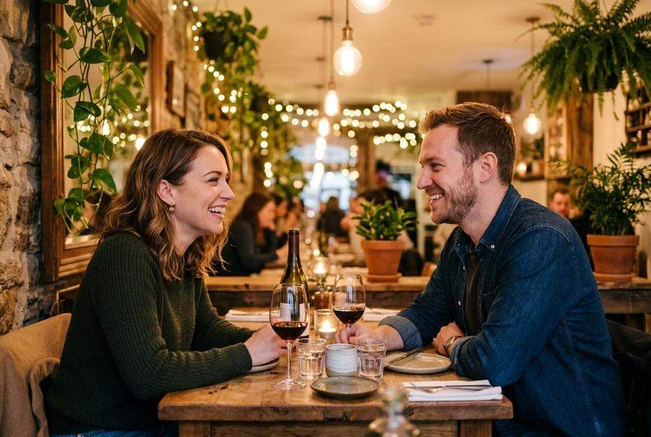 Uśmiechnięta para siedząca w restauracji i rozmawiająca swobodnie