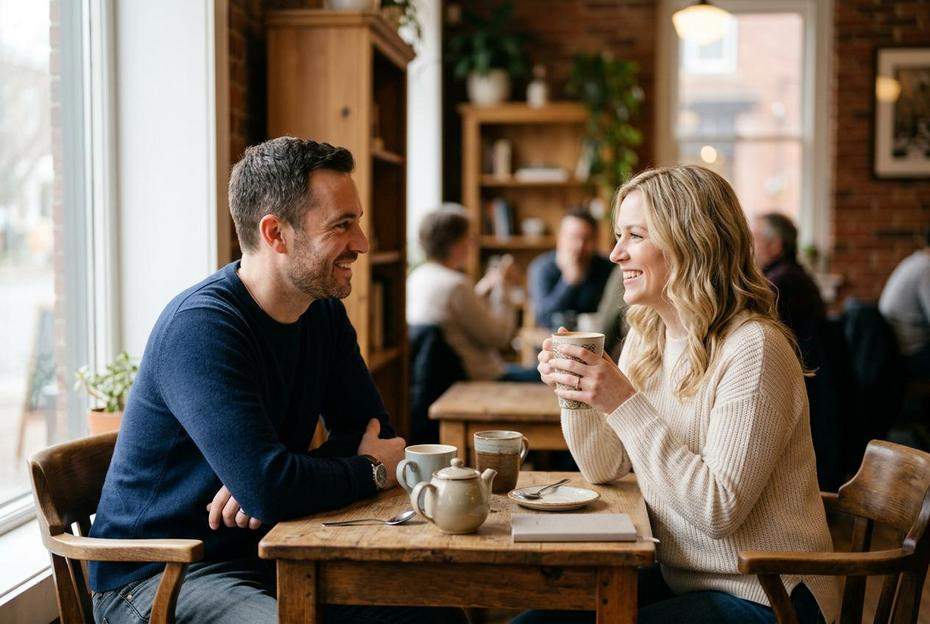 Para w kawiarni rozmawiająca z autentycznym zainteresowaniem
