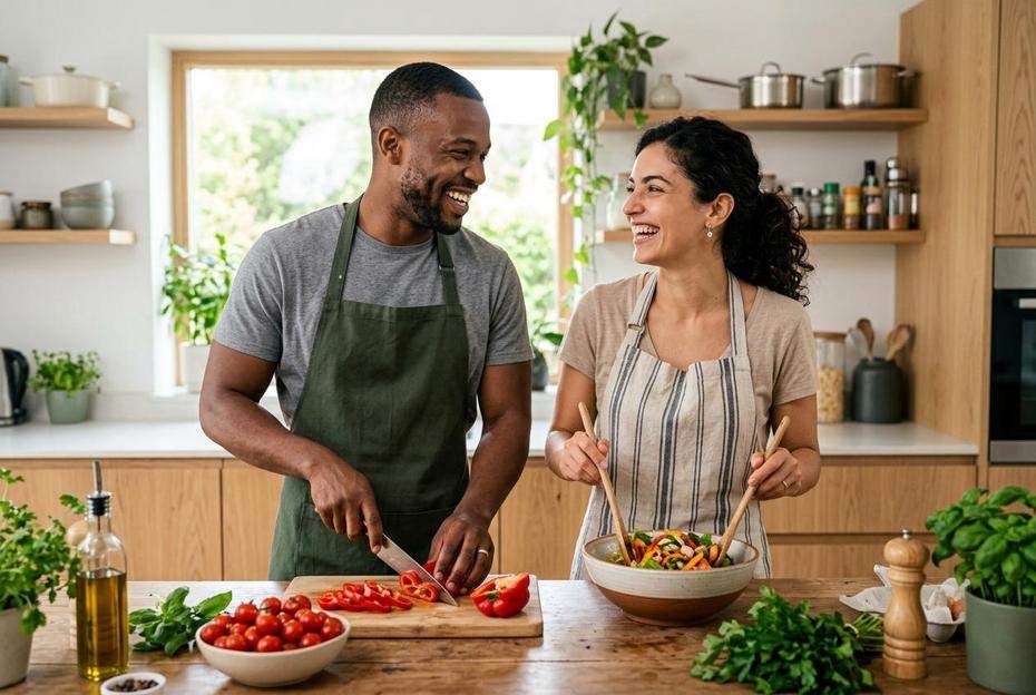 Radosna para wspólnie przygotowująca posiłek w kuchni