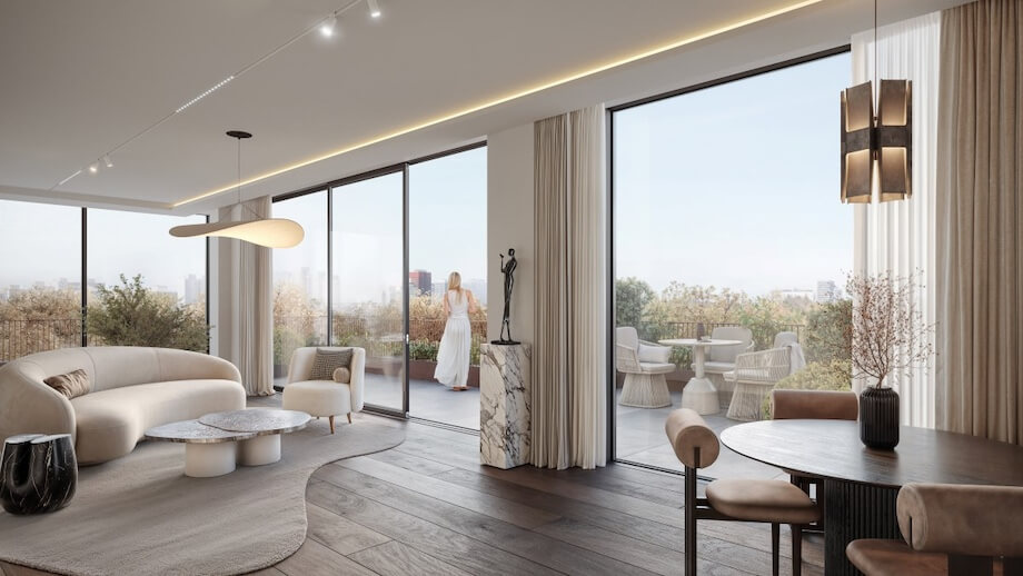 Widok tarasu zza okna salonu