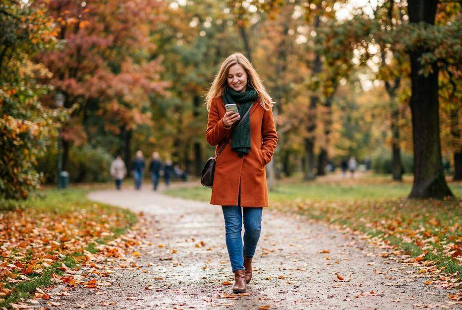 Uśmiechnięta kobieta w parku sprawdzająca telefon