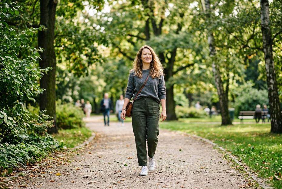 Pewna siebie kobieta spacerująca przez park