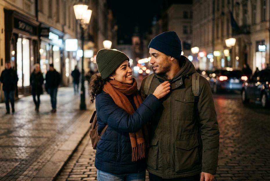 Kobieta poprawia kołnierzyk kurtki zaintrygowanemu mężczyźnie