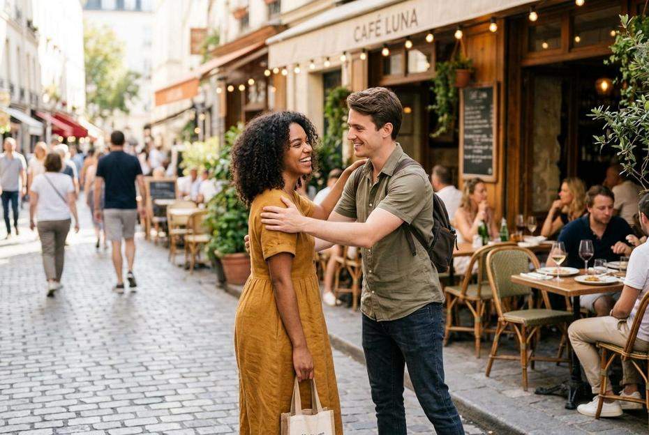 Kobieta i mężczyzna witający się uściskiem przed kawiarnią