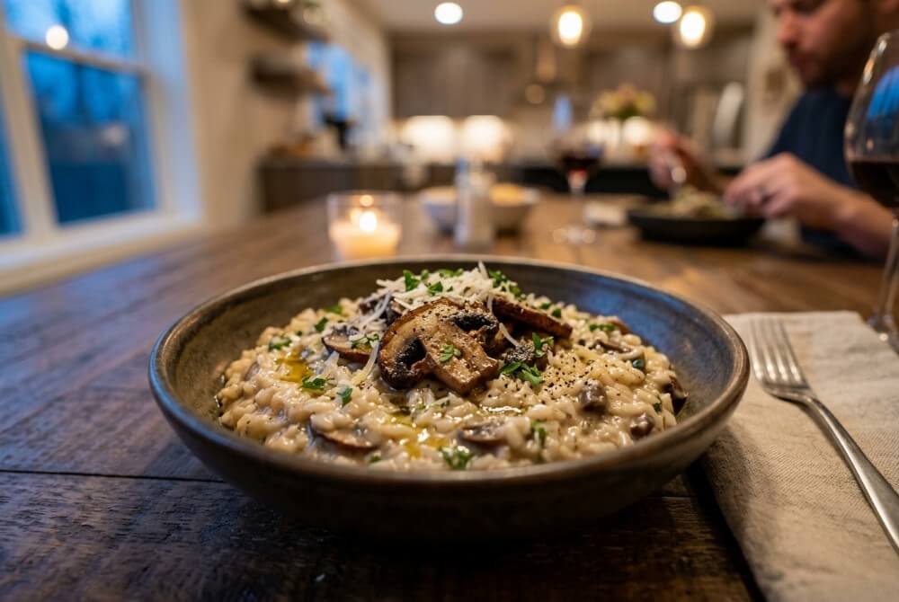 Zbliżenie na kremowe risotto z pieczarkami portobello, posypane parmezanem i skropione oliwą truflową