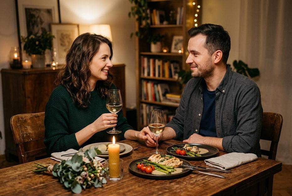 Romantyczna kolacja we dwoje w domu przy świecach