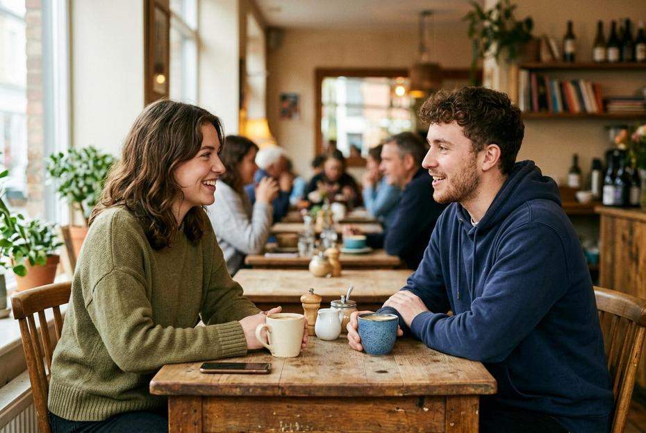 Kobieta i mezczyzna rozmawiajacy swobodnie w kawiarni